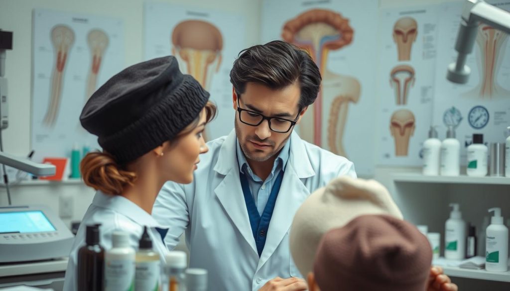 Dermatologist discussing hat baldness