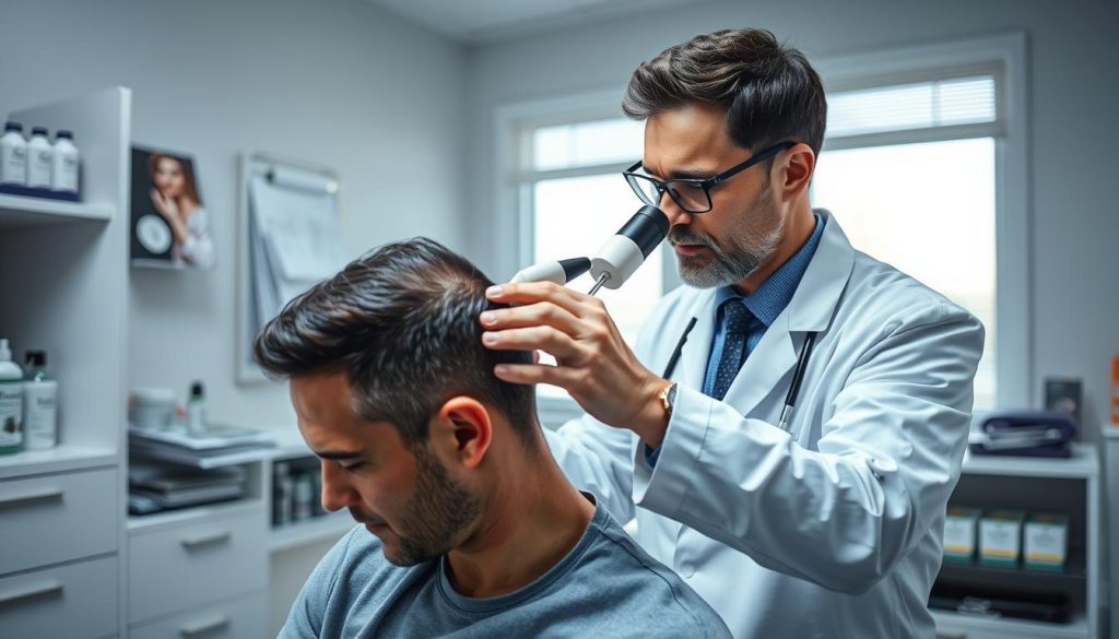 dermatologist examining patient for hair loss