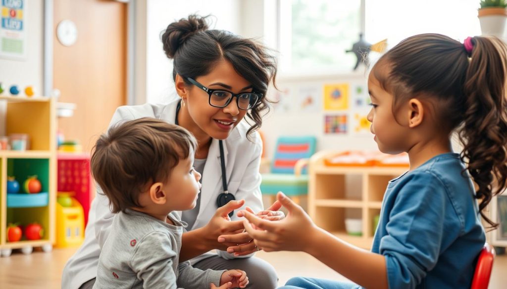 Autism specialists examining child