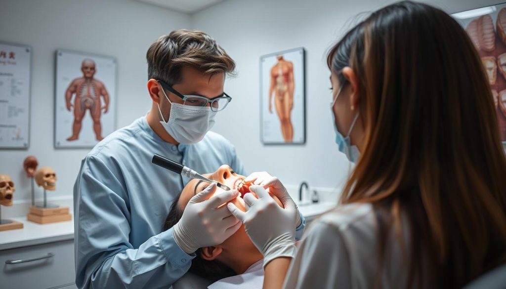 Dental professional performing oral cancer screening