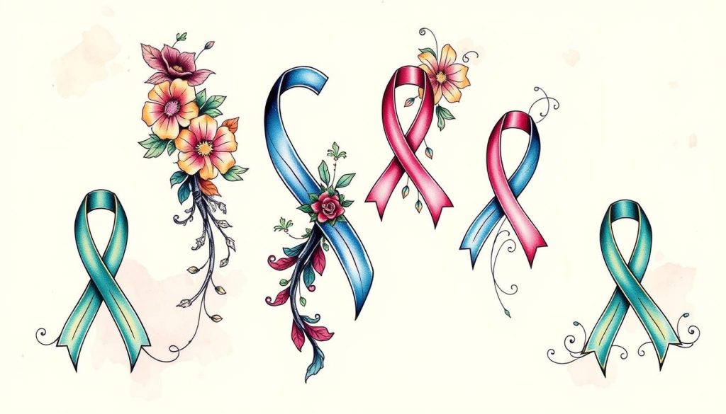 Lymphoma awareness tattoos featuring ribbon designs