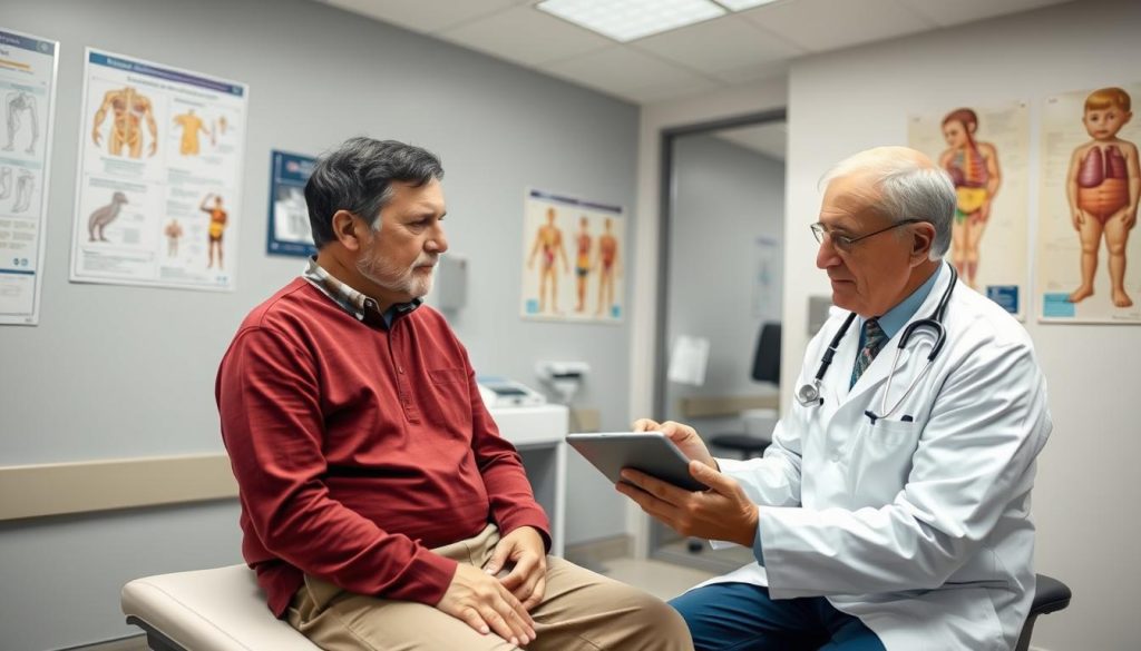 Urologic oncology specialist examining patient