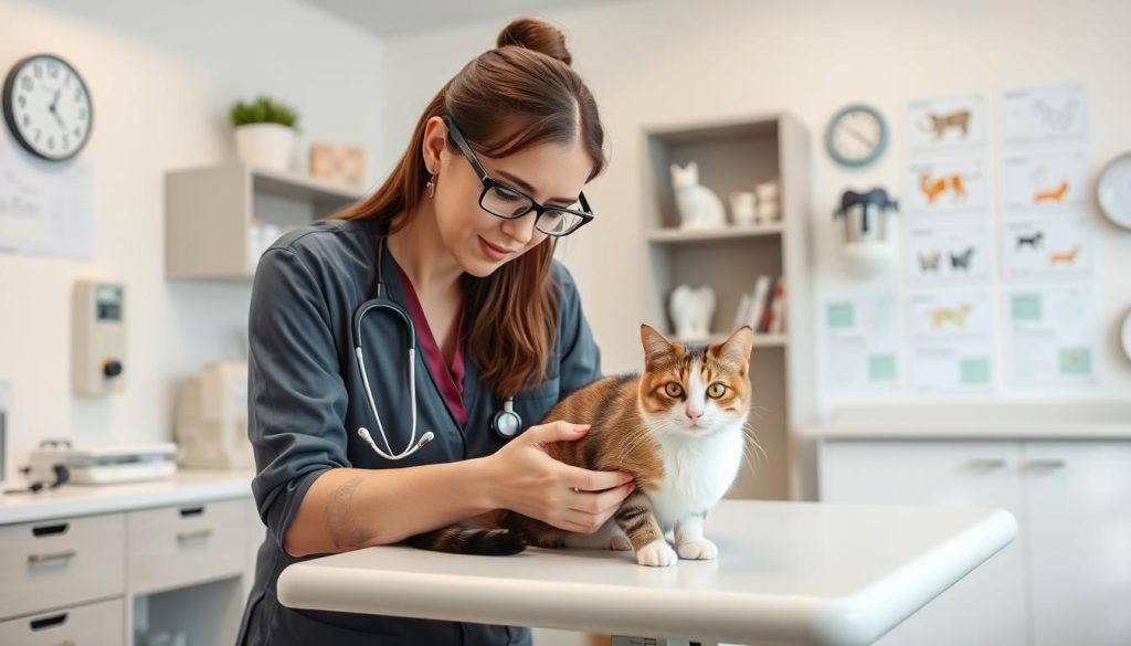 Veterinary behaviorist examining a cat